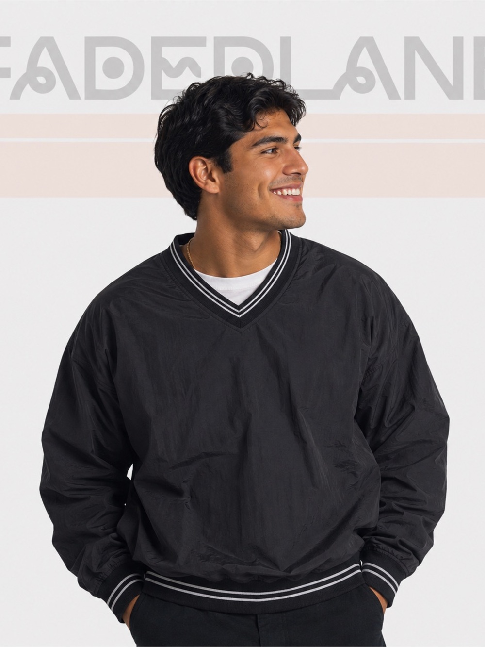 Russell Athletic Black V-Neck Pullover with White Stripe Trim